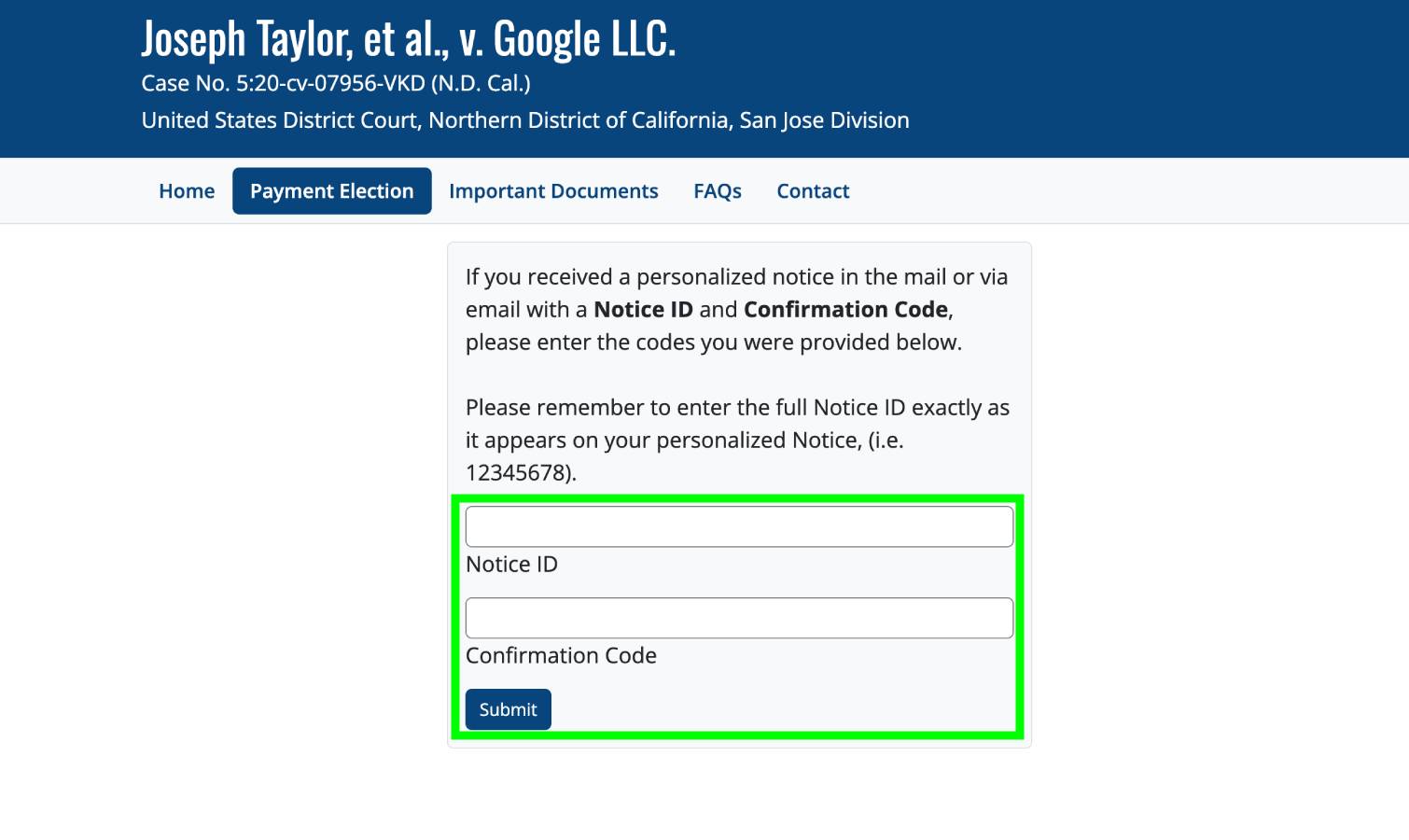 Google settlement claims form highlighted