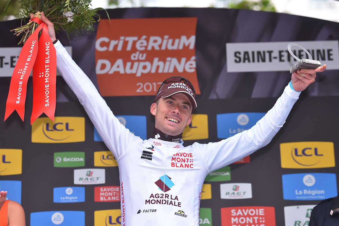 AG2R-La Mondiale's Pierre Latour in the best young rider's white jersey at the Crit&eacute;rium du Dauphin&eacute;