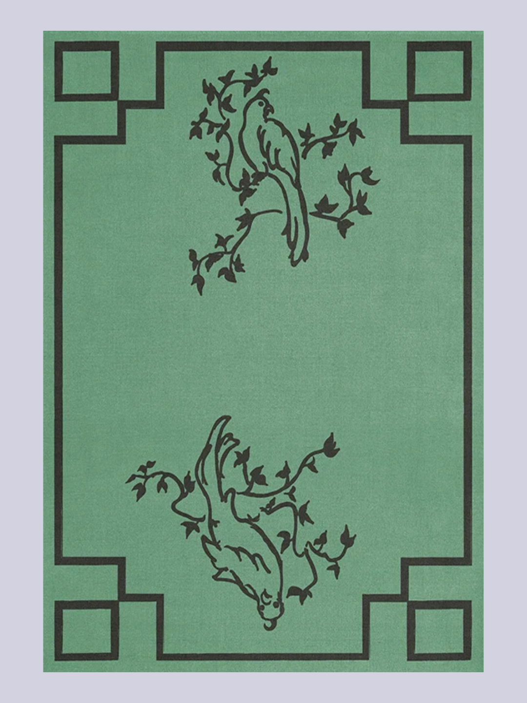 A green wool rug with a chinoiserie print from LAYERED