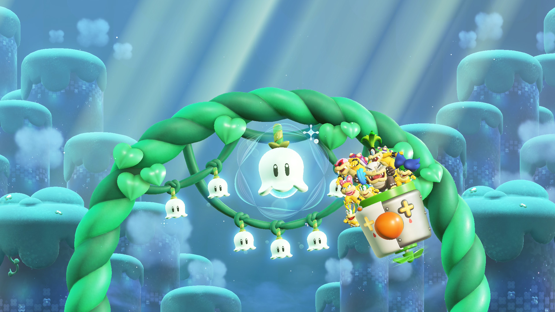 A screenshot from Super Mario Bros. Wonder Nintendo Switch 2 Edition showing the Koopalings stealing the Bellabel Flowers