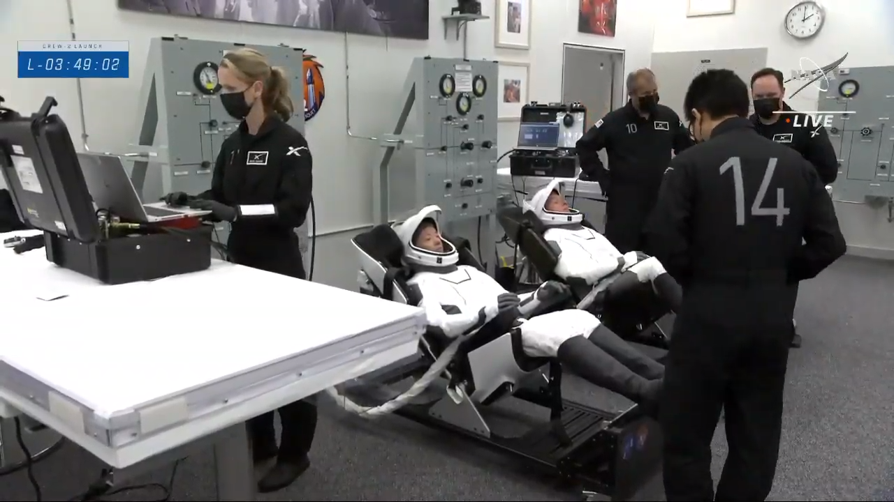 The SpaceX Crew-2 astronauts suit up inside the Neil Armstrong Operations and Checkout Building at NASA's Kennedy Space Center in Florida, on April 23, 2021.