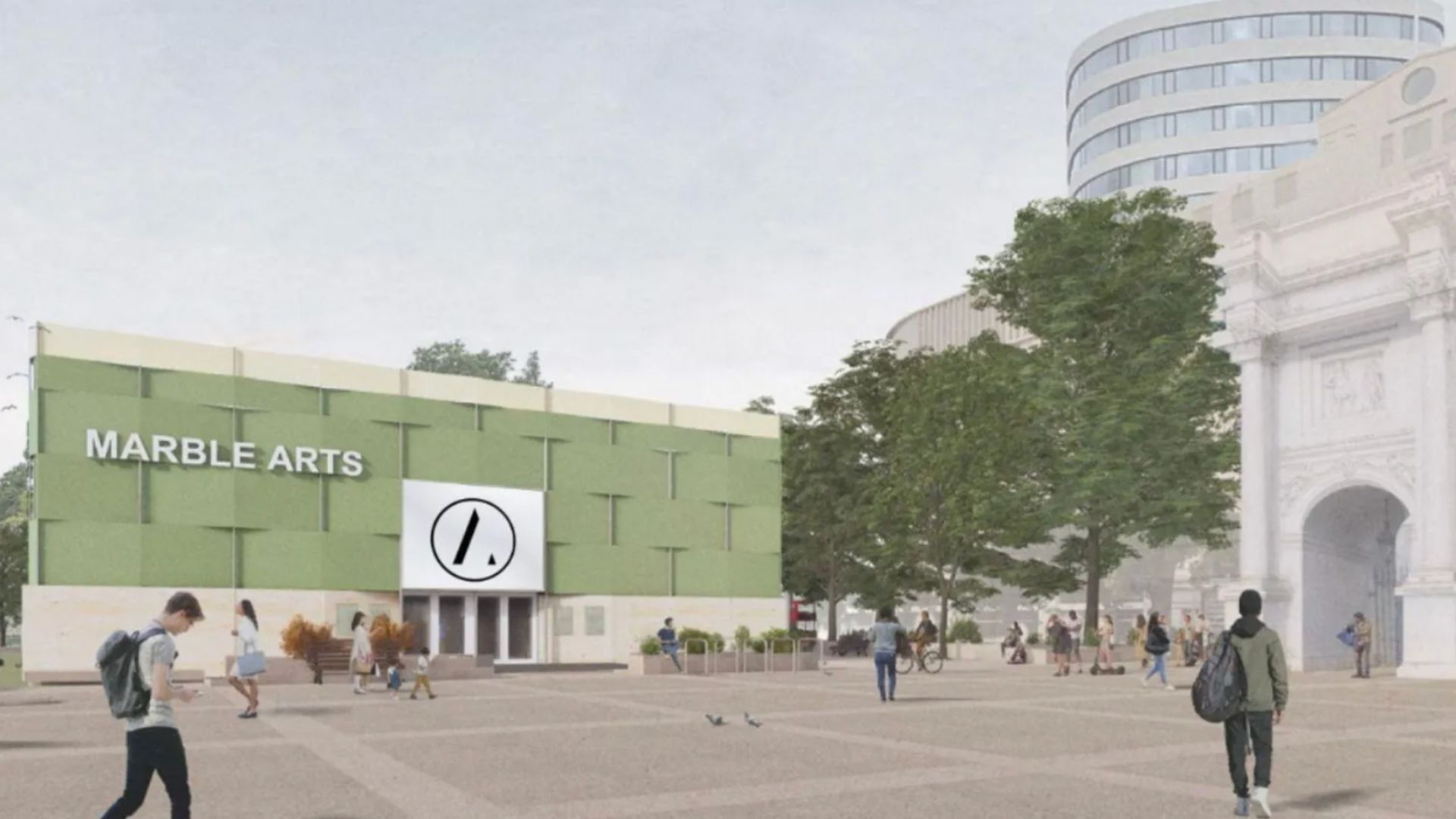 an AI image mocking up the propsed exterior of the new marble arts theatre in london