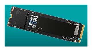 A Samsung 990 Evo Plus on a blue background.