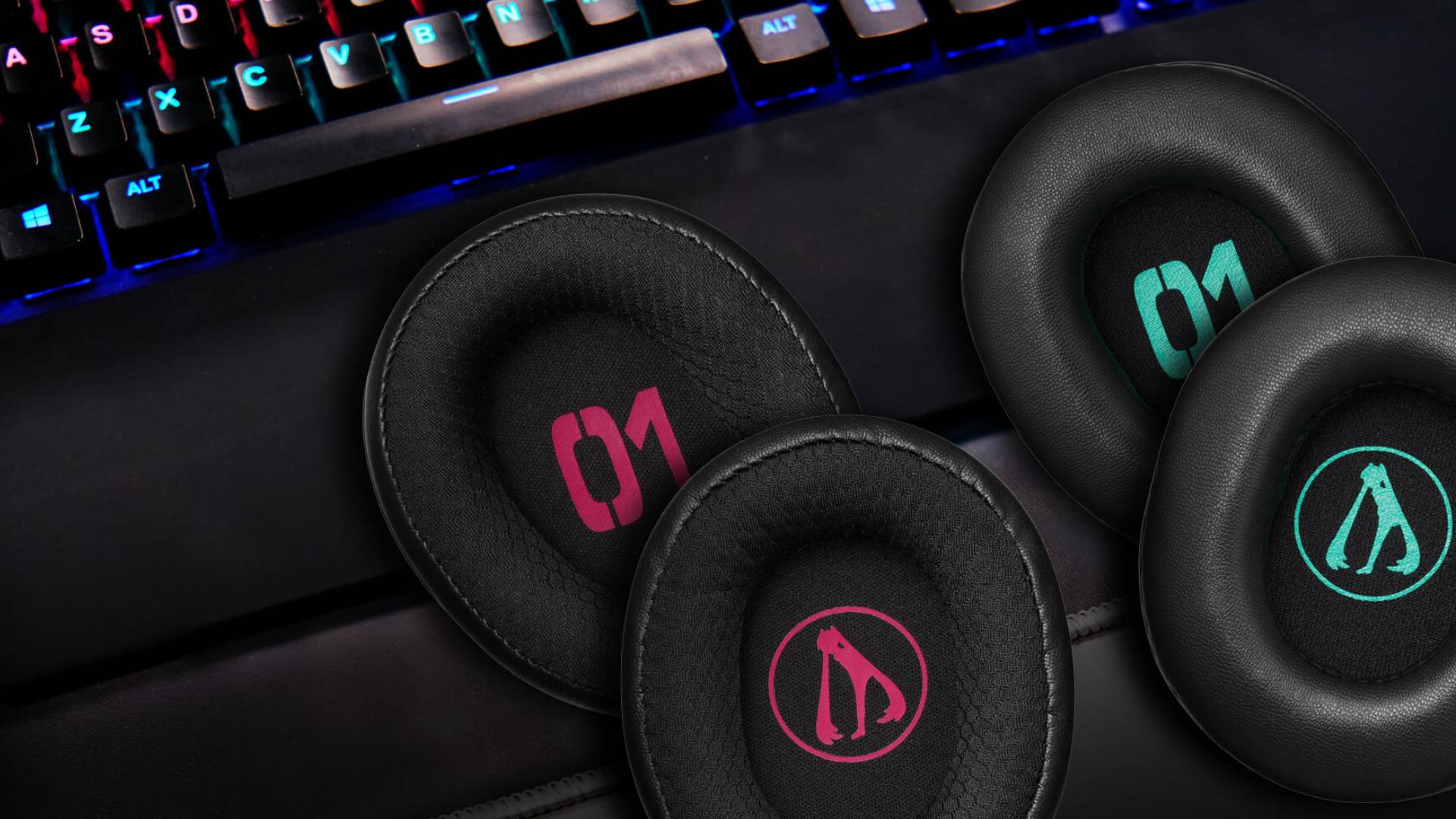 Close up of the ear pads of the Audio-Technica ATH-M50x-STS-USB Miku headset.