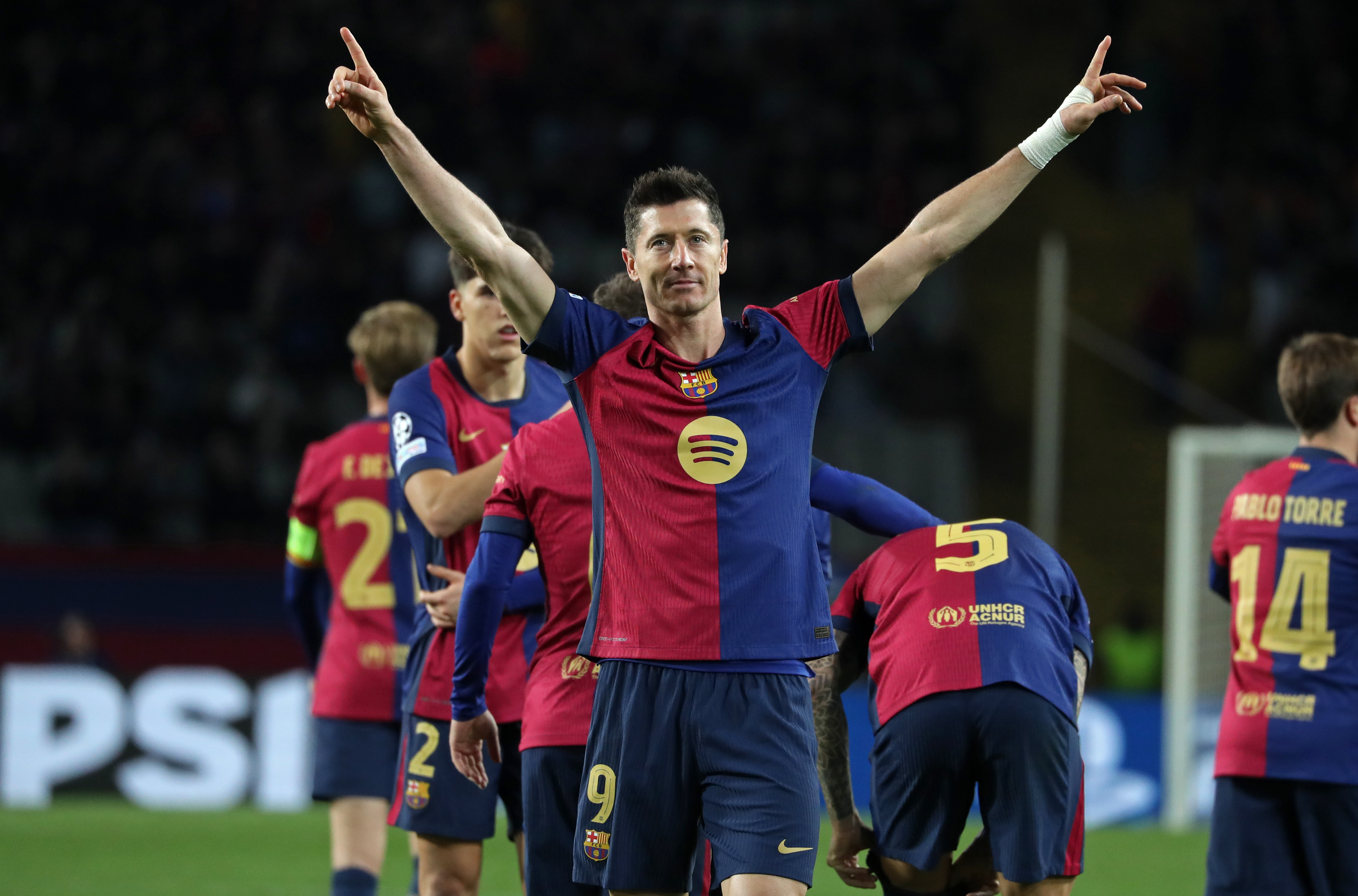 Robert Lewandowski celebrates after scoring for Barcelona against Brest in the Champions League in November 2024.