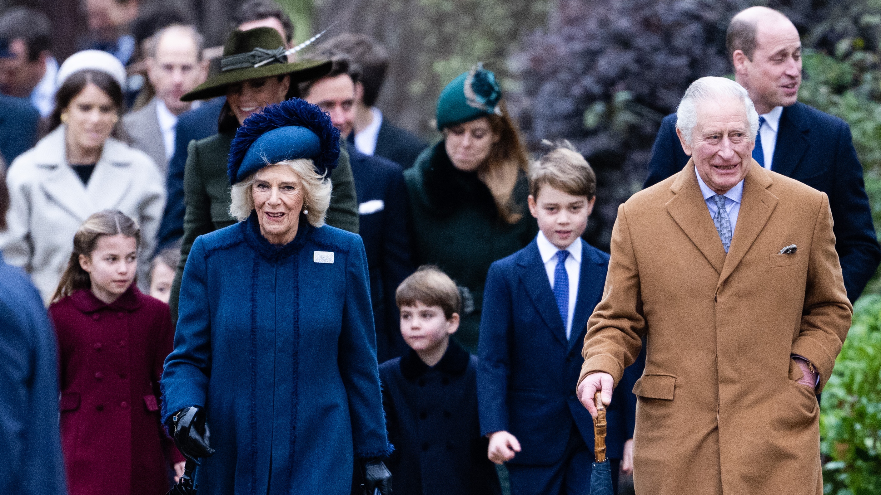 The Royal Family walk to attend the Christmas Day service at Sandringham Church on December 25, 2022