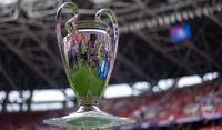 The Champions League Trophy is displayed on a plinth prior to the UEFA Champions League Final 2026 match between Paris Saint-Germain and Arsenal FC at Puskas Arena on May 30, 2026 in Budapest, Hungary