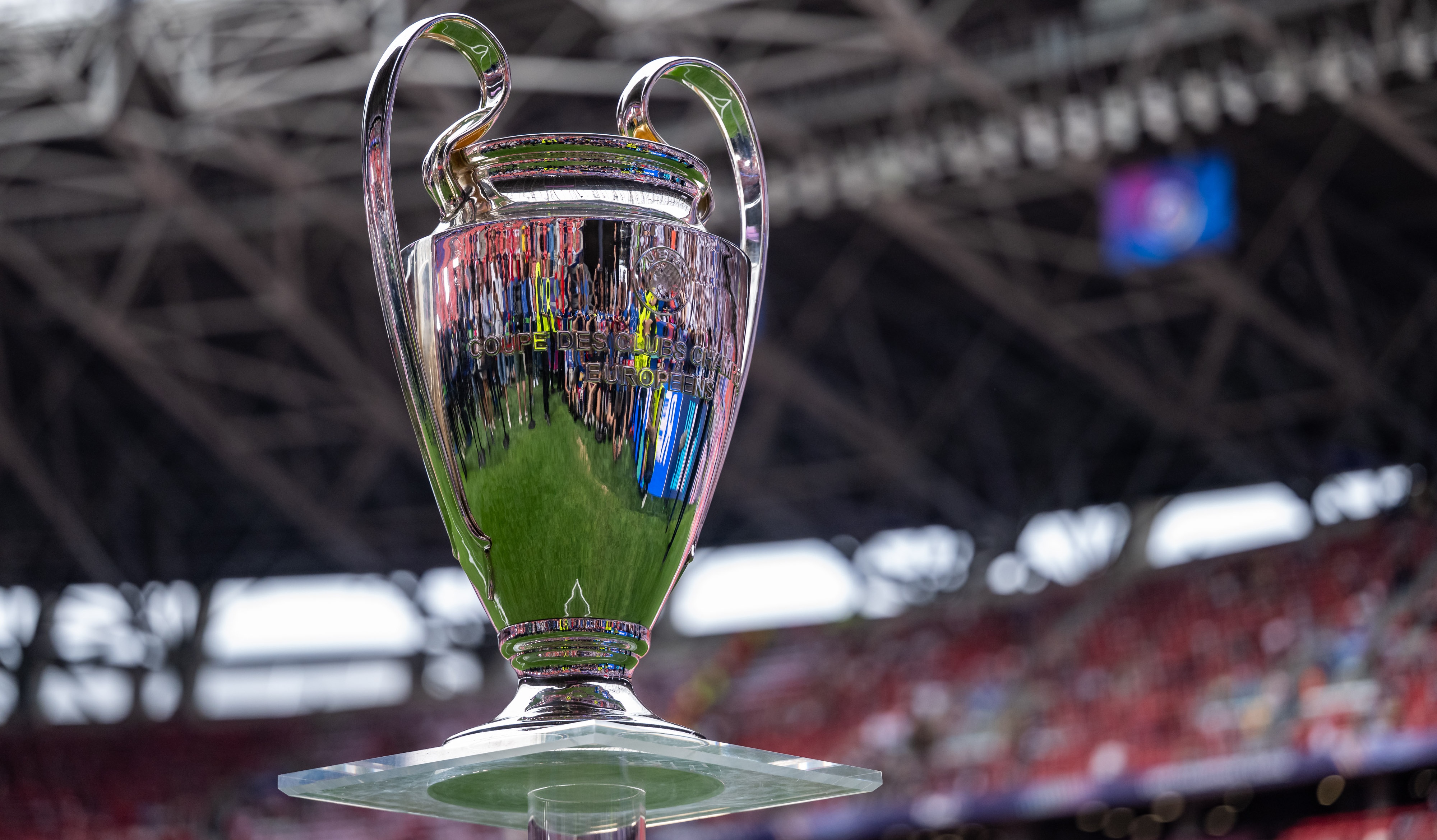 The Champions League Trophy is displayed on a plinth prior to the UEFA Champions League Final 2026 match between Paris Saint-Germain and Arsenal FC at Puskas Arena on May 30, 2026 in Budapest, Hungary
