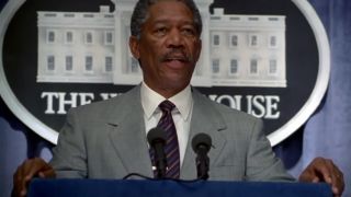 Morgan Freeman speaking at the White House podium in Deep Impact.