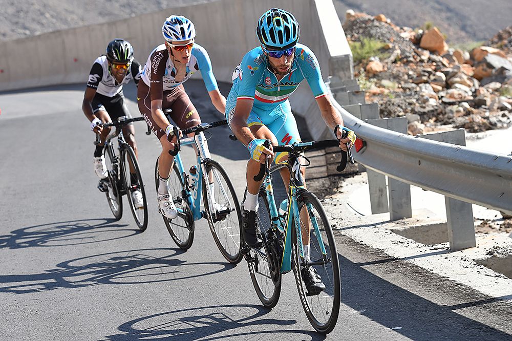 Vincenzo Nibali (Astana) leads Merhawi Kudus (Dimension Data) and Romain Bardet (AG2R La Mondiale) up Green Mountain at the Tour of Oman