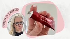 woman&home.com editor Kerrie Hughes, pictured beside a close up shot of her hand holding L'Or&eacute;al Paris Revitalift Eye Bag Eraser, with a dot of the cream on her hand