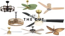 Stylish outdoor ceiling fans in various styles, ranging from farmhouse to boho, pictured against a white background