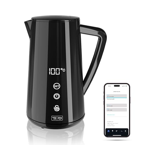 Swan Alexa Smart Kettle, 1.5l Voice-Controlled Kettle With Led Touch Panel, 6 Temperature Settings, Keep Warm Function, Double Wall Insulated, Stainless Steel Interior, Black, Sk14650blkn