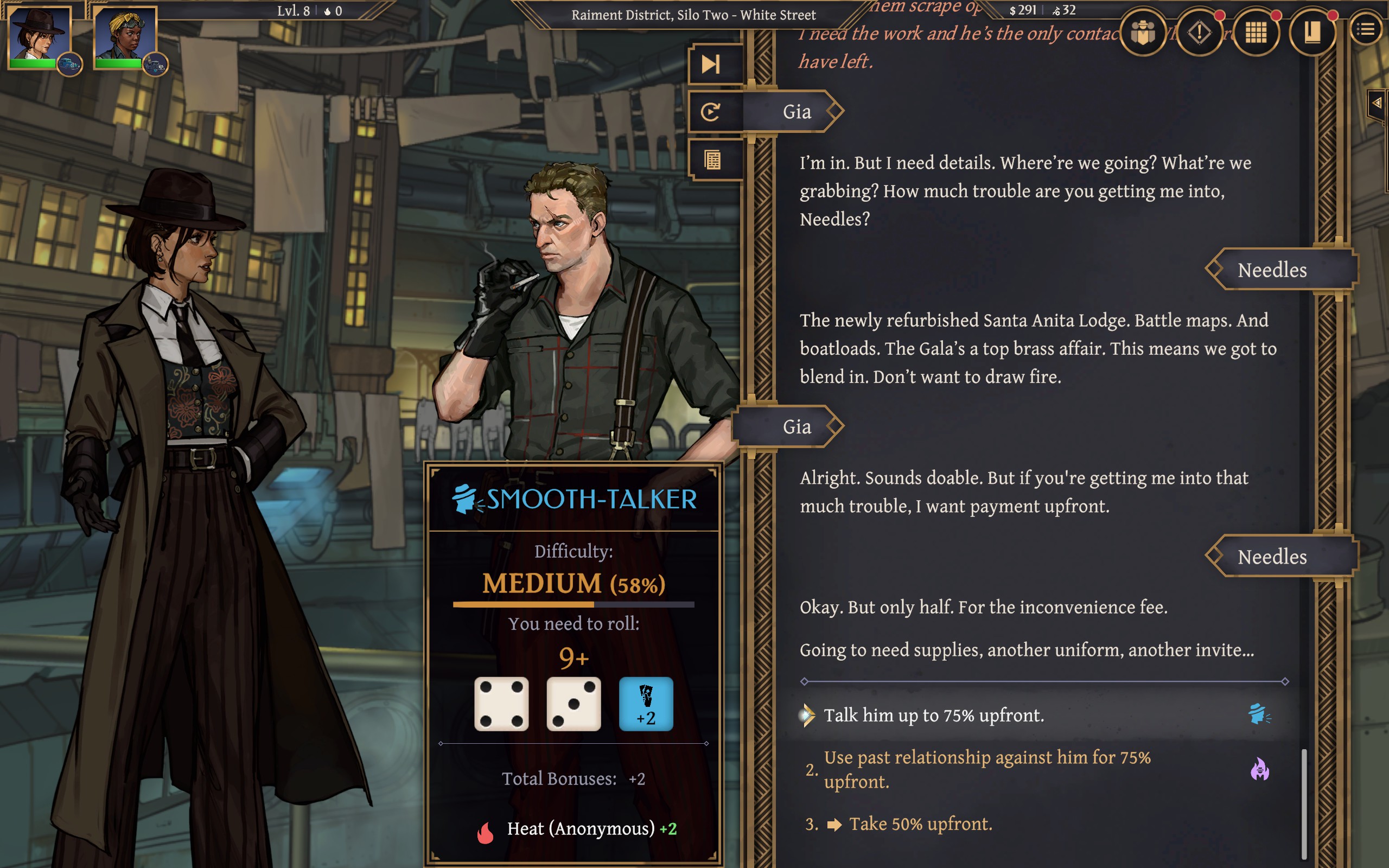 Gia considers whether to take a Smooth-Talker skill check to bargain up a fee