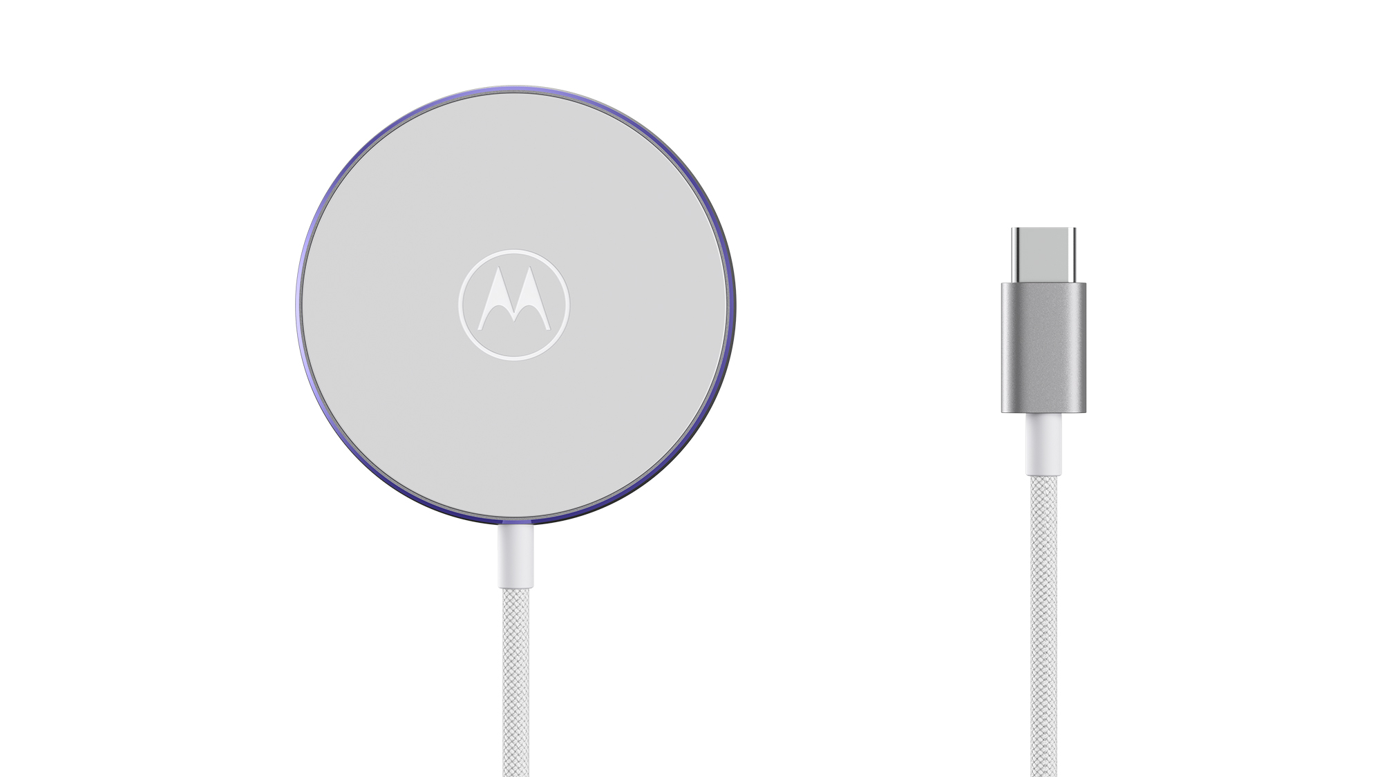 rounded Motorola puck charger alongside a USB-C cable