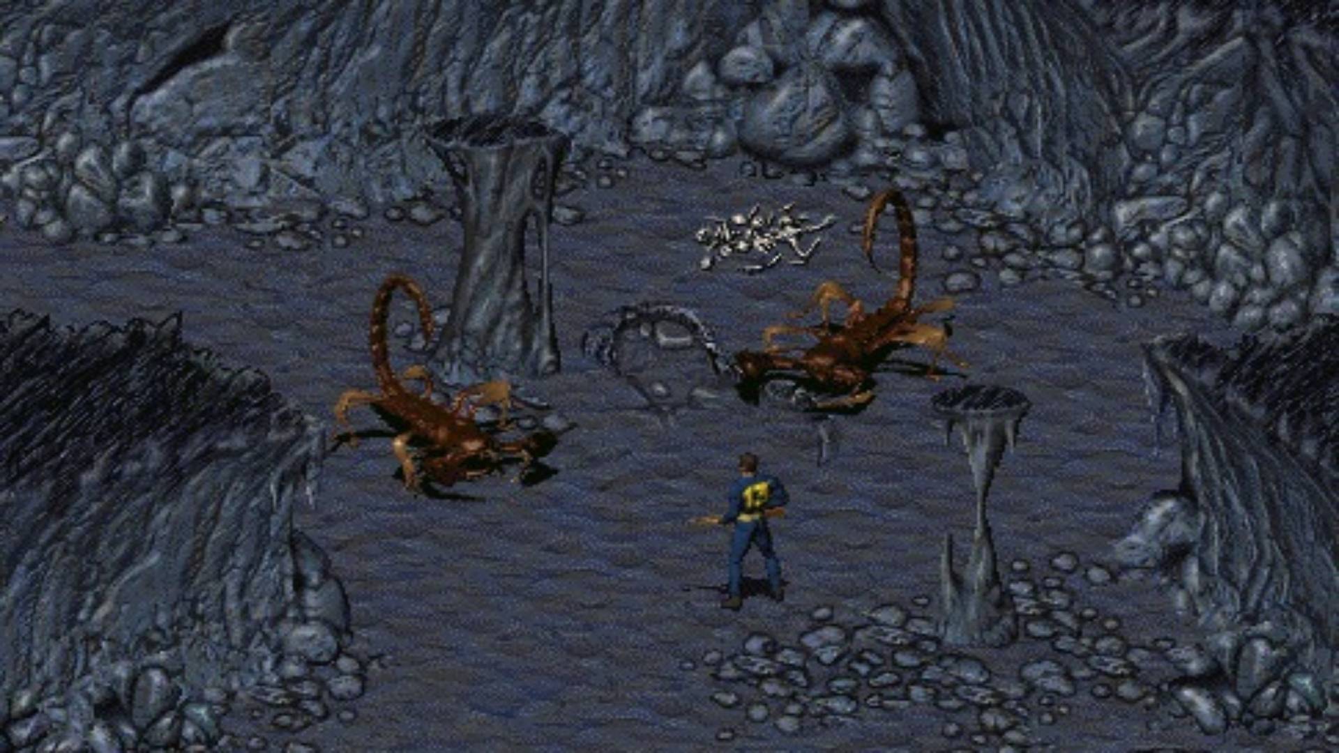 In Fallout, a Vault Dweller faces up against two Rad Scorpians