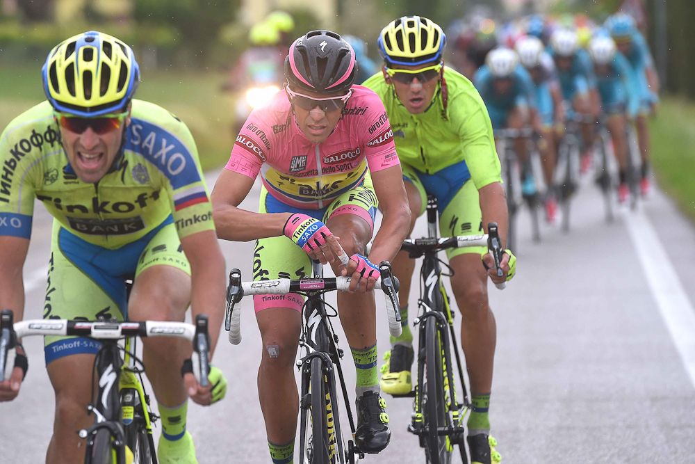 Contador urges his team on after forcing a slight split in the bunch.