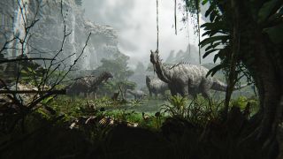Ferocious gameplay showing a herd of dinosaurs standing beneath cliffs in an overgrown jungle