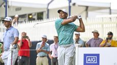 Tiger Woods hits 2-iron during PGA Championship practice round