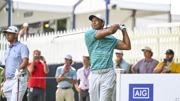 Tiger Woods hits 2-iron during PGA Championship practice round