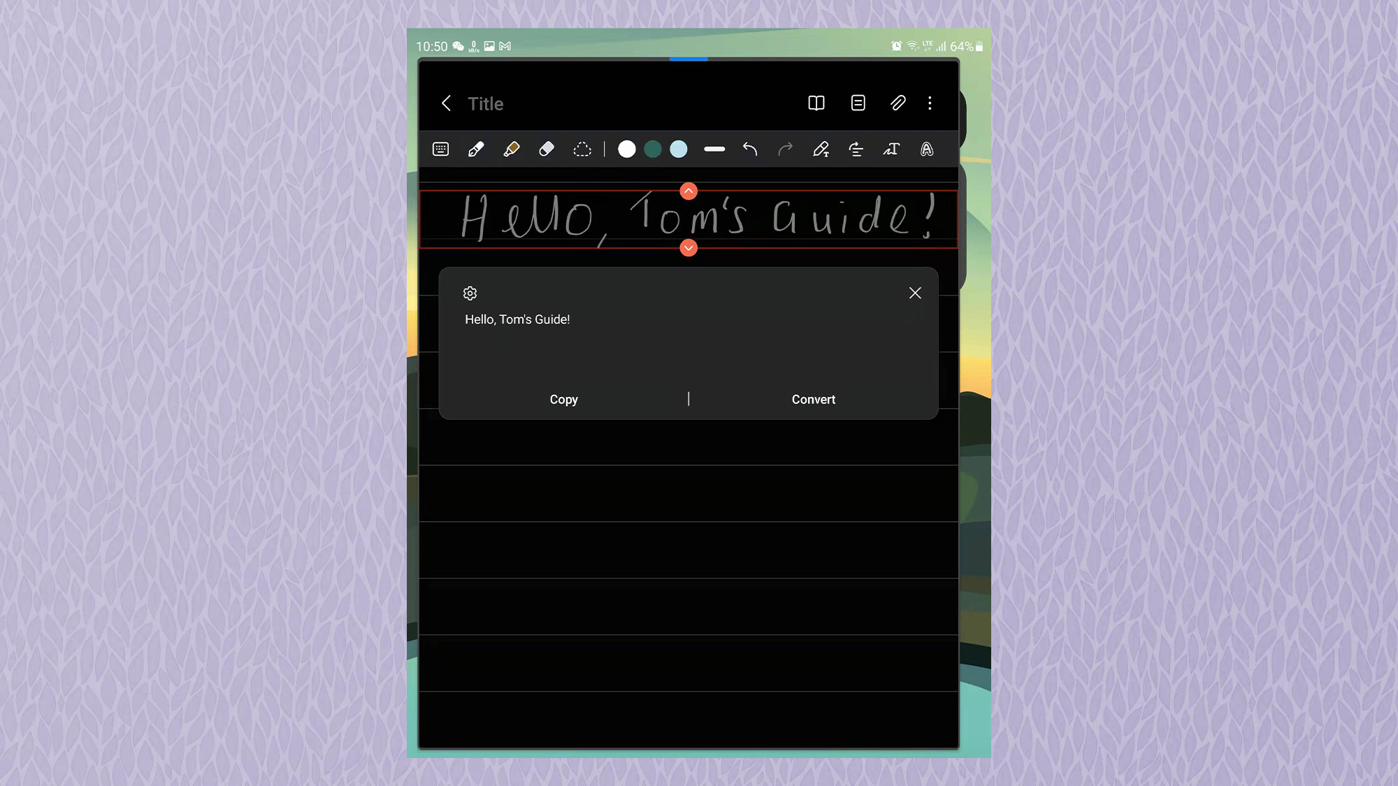 Снимок экрана на Samsung Galaxy Z Fold3, показывающий функцию примечания к тексту