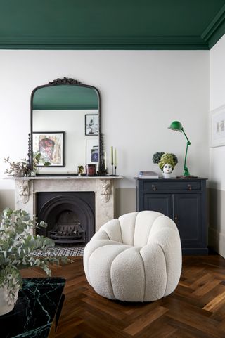 A wool boucle armchair in a living room