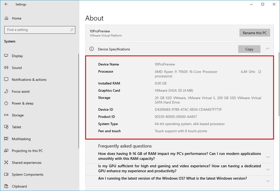 Hardware specs on Windows 10 Settings