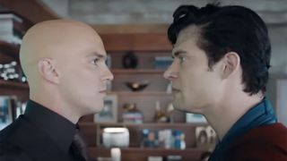 Lex Luthor (Nicholas Hoult) staring down Superman (David Corenswet)