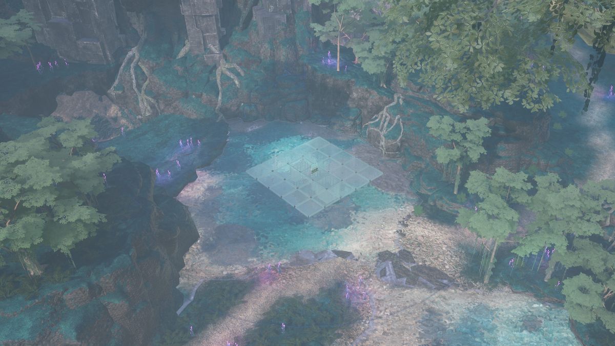 Palworld - A base being built in the Foot of the World Tree.
