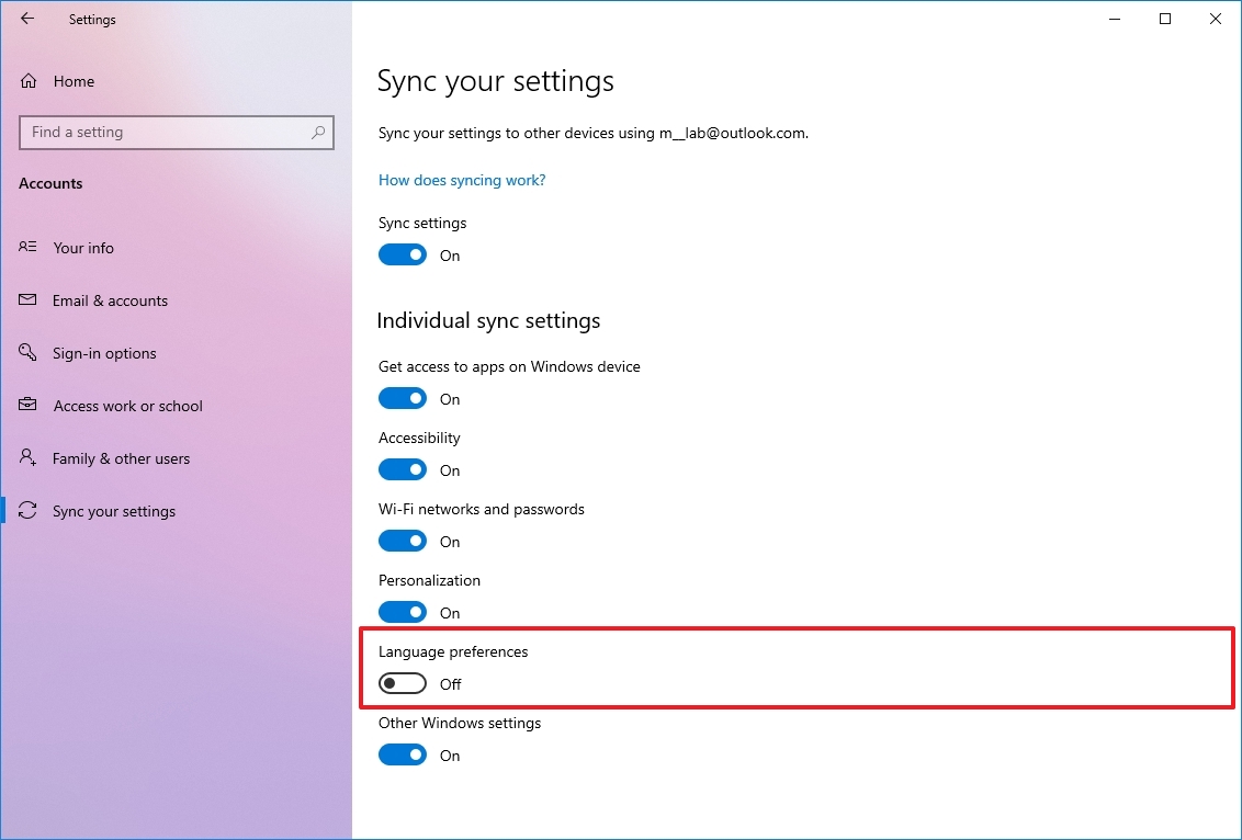 Опция «Язык синхронизации Windows 10» отключена.