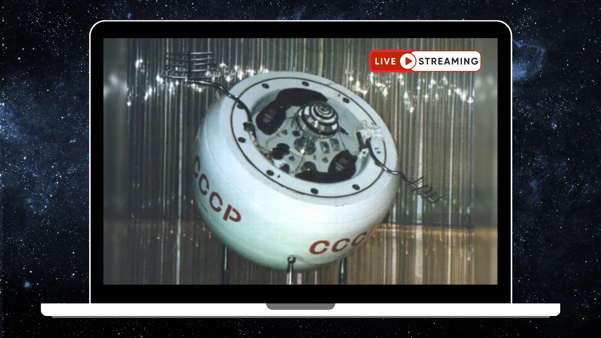 a laptop screen with a roughly ball-shaped spacecraft on it with the letters "CCCP"