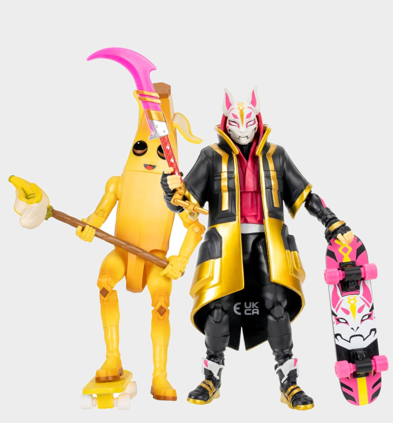 Two Fortnite toys alongside one another on a plain background