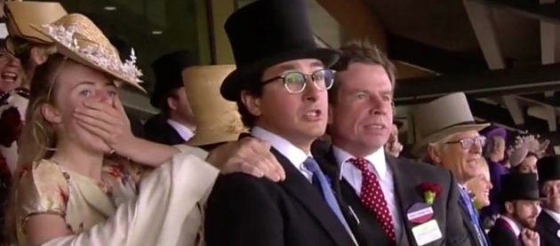 Saffie watching Defrocked win at Royal Ascot with her father Jamie (red tie)