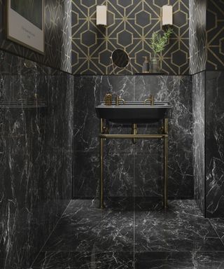 Grande Radon Black Polished Porcelain 600x1200mm tiles in bathroom by Verona Group