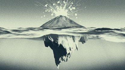 Illustration of a volcanic island with an iceberg lurking beneath