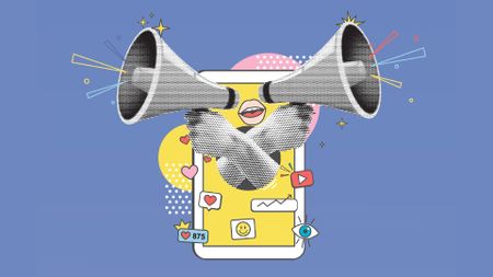 An illustration of a smartphone with hands holding megaphones emerging from the screen