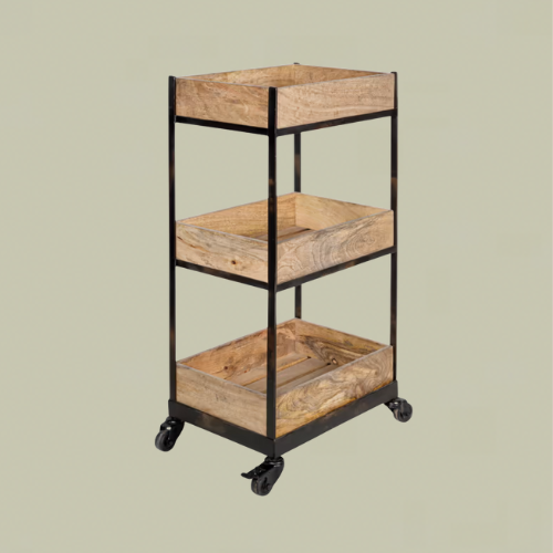 Three tiered wooden shelving cart