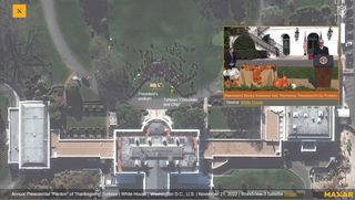 a satellite view of the white house with a crowd in behind. arrows and text point to podiums with the u.s. president and the turkeys. an inset image shows u.s president joe biden beside a thanksgiving display
