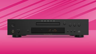 Front of a black Onkyo C-30 CD player on a pink background