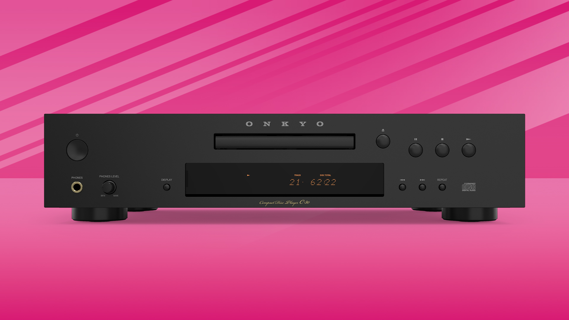 Front of a black Onkyo C-30 CD player on a pink background