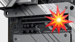 An Asus ROG Strix motherboard with an explosion over the PCIe latch