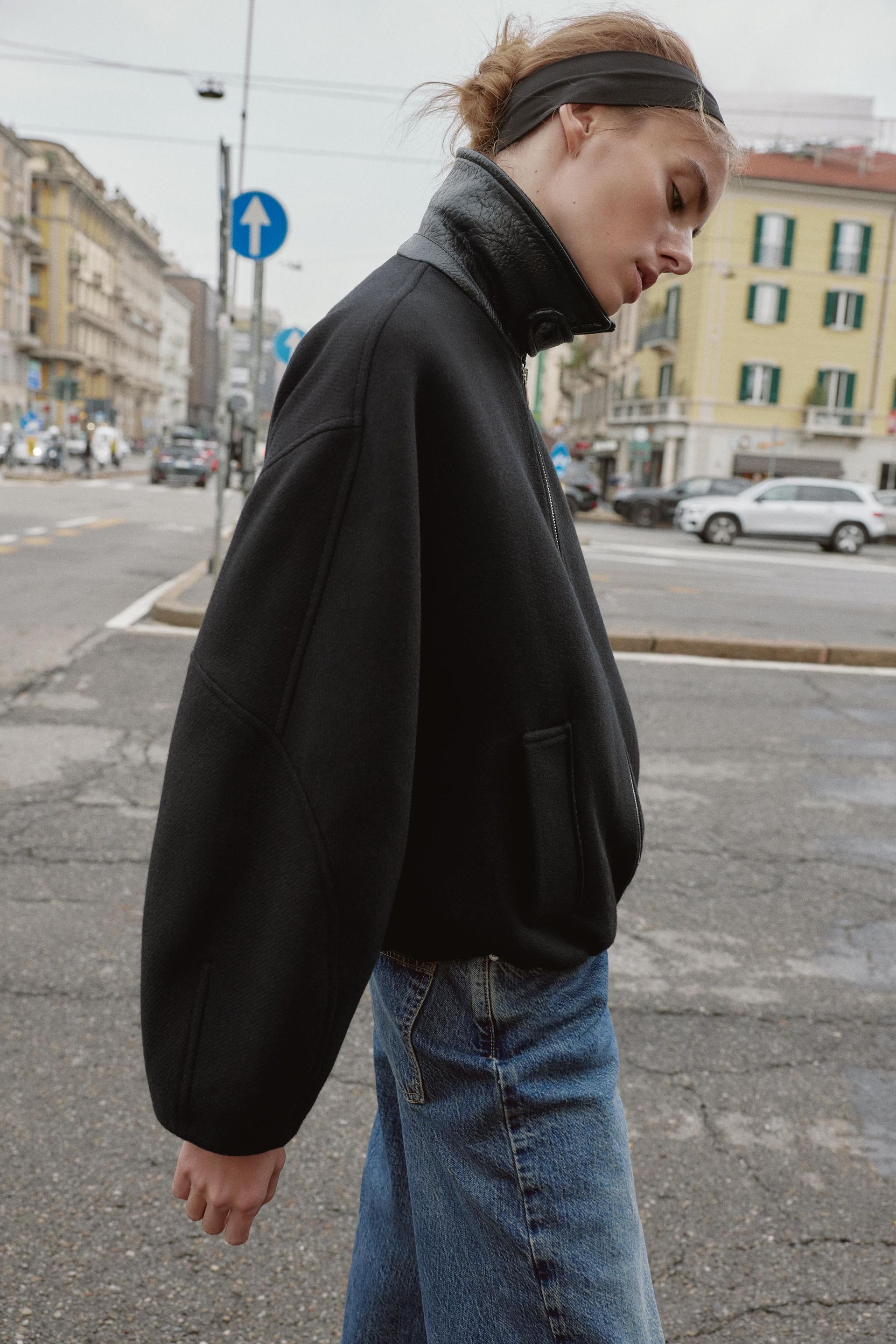 Balloon Bomber Jacket With Contrast Wool Collar