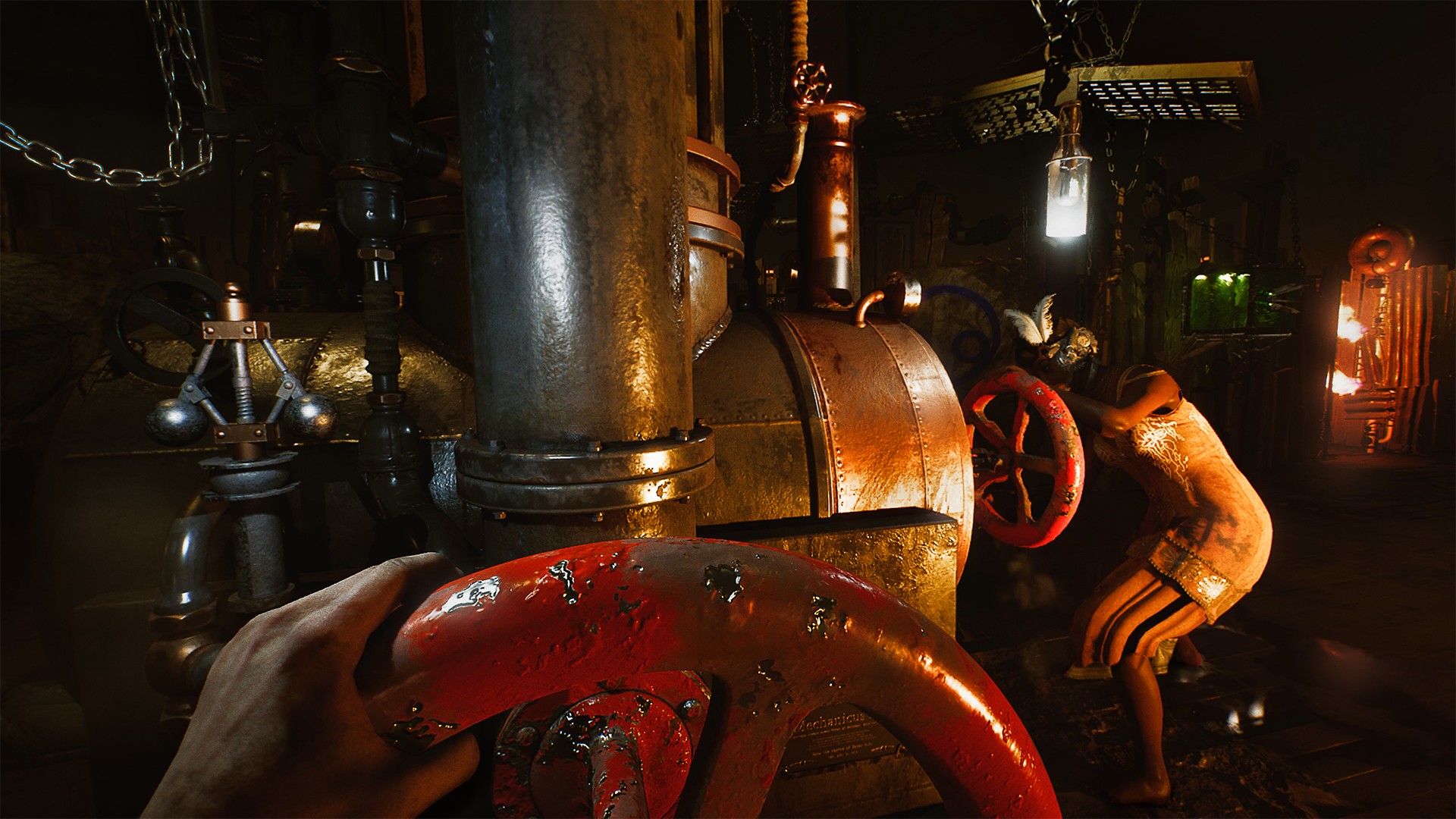 Players twist red valves together in co-op in SAW: Genesis