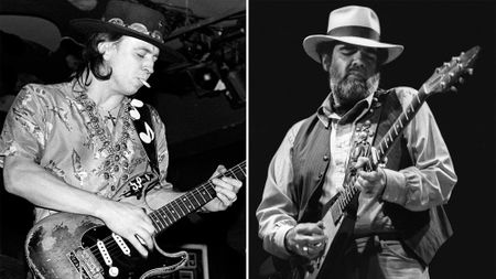 Stevie Ray Vaughan (left) and Lonnie Mack perform onstage in the mid-1980s