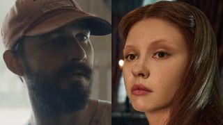 Tyler (Shia LaBeouf) looks at Eleanor in The Peanut Butter Falcon, while Lady Elizabeth Harlander (Mia Goth) looks over her should in Frankenstein.