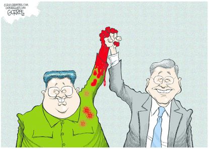 Political cartoon World Kim Jong Un Moon Jae In Korea summit blood on hands