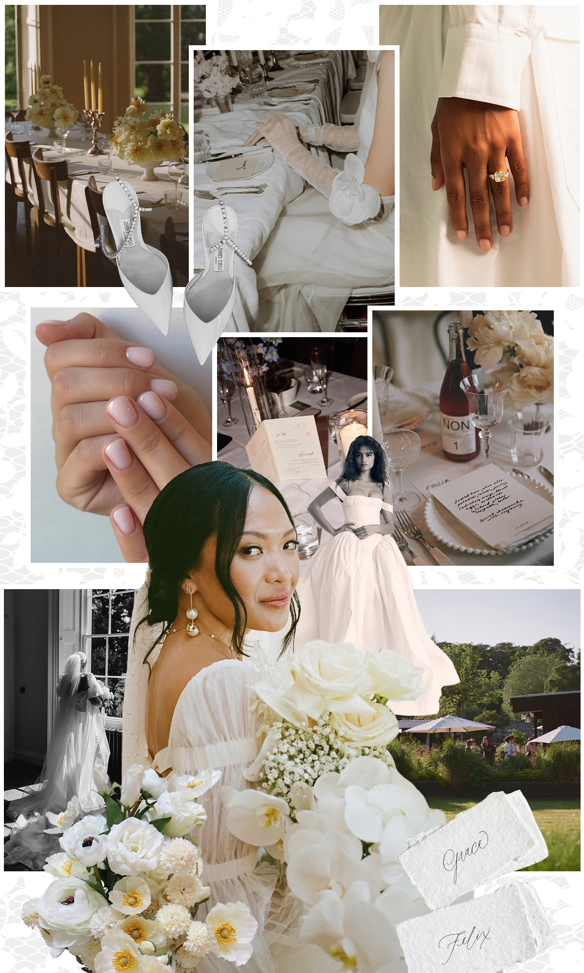 A chic, white-themed wedding mood board featuring a bride, floral arrangements, jewelry, and elegant reception details against a lace background.
