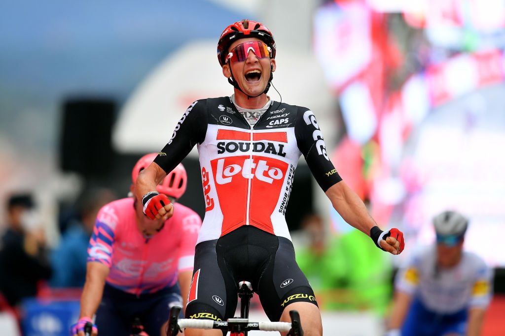 OURENSE SPAIN NOVEMBER 04 Arrival Tim Wellens of Belgium and Team Lotto Soudal Celebration Michael Woods of Canada and Team EF Pro Cycling during the 75th Tour of Spain 2020 Stage 14 a 2047km stage from Lugo to Ourense lavuelta LaVuelta20 La Vuelta on November 04 2020 in Ourense Spain Photo by Justin SetterfieldGetty Images