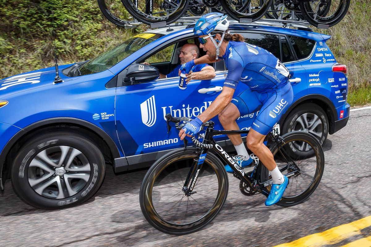 Lachlan Norris (UnitedHealthcare) gets a bottle hand-up from the team car during stage 3 of the 2018 Colorado Classic