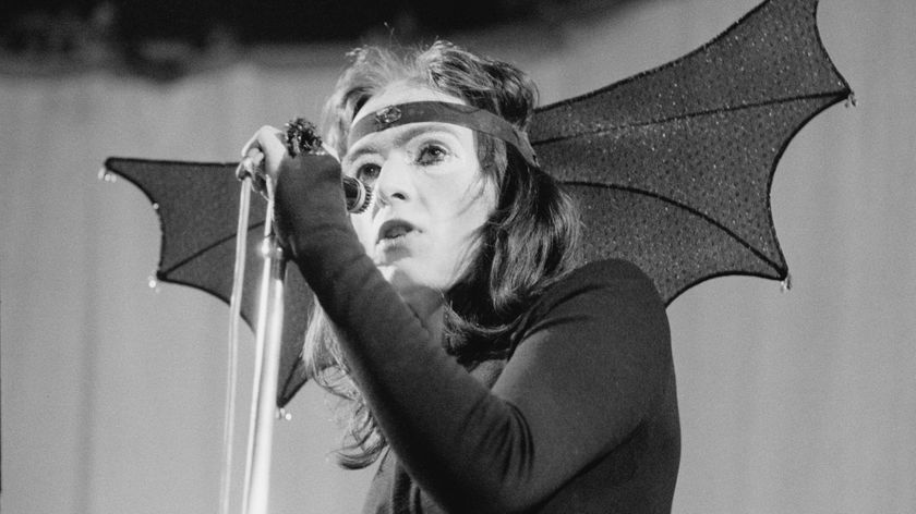 Peter Gabriel performing in costume with rock group Genesis, Newcastle City Hall, 1st October 1972